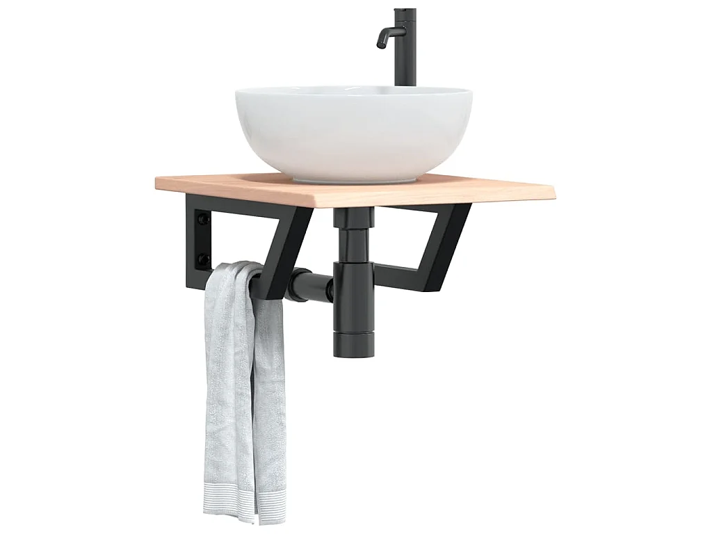 Estante de lavabo de pared de acero y madera maciza de roble