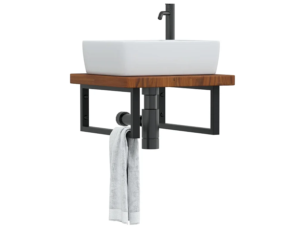 Estante de lavabo de pared de acero y madera maciza de roble