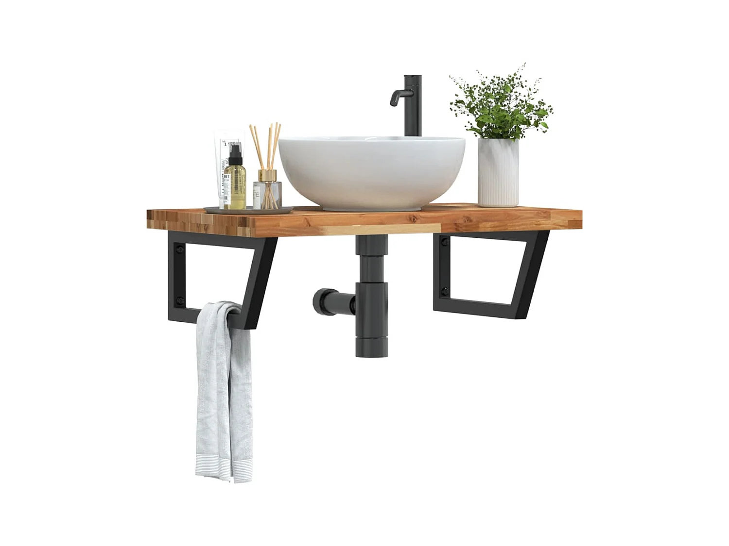 Estante de lavabo de pared acero y madera maciza de acacia