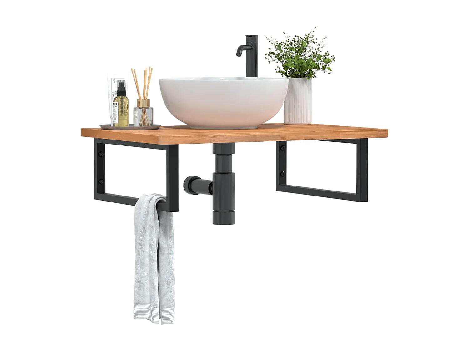 Waschbeckenregal Wandmontage Stahl und Massivholz Buche