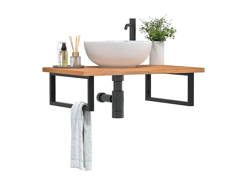 Ripiano a Parete per Lavabo in Acciaio e Massello di Faggio