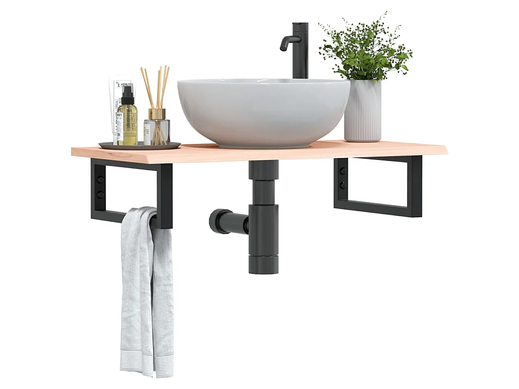 Estante de lavabo de pared de acero y madera maciza de roble