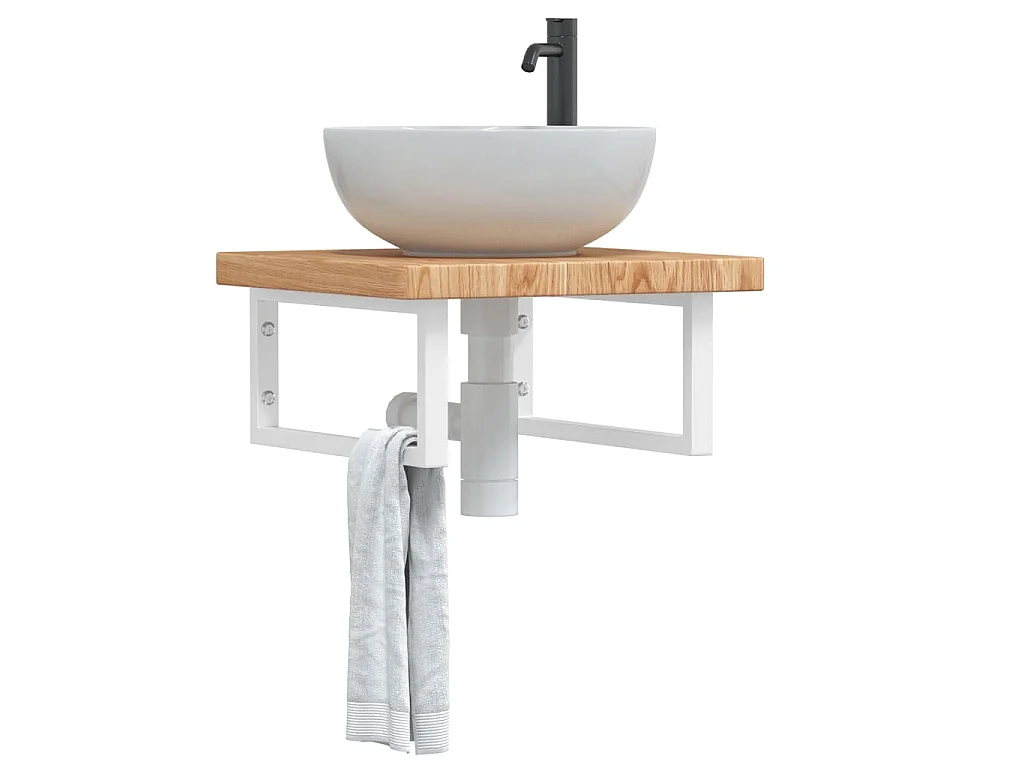 Estante de lavabo de pared de acero y madera maciza de roble