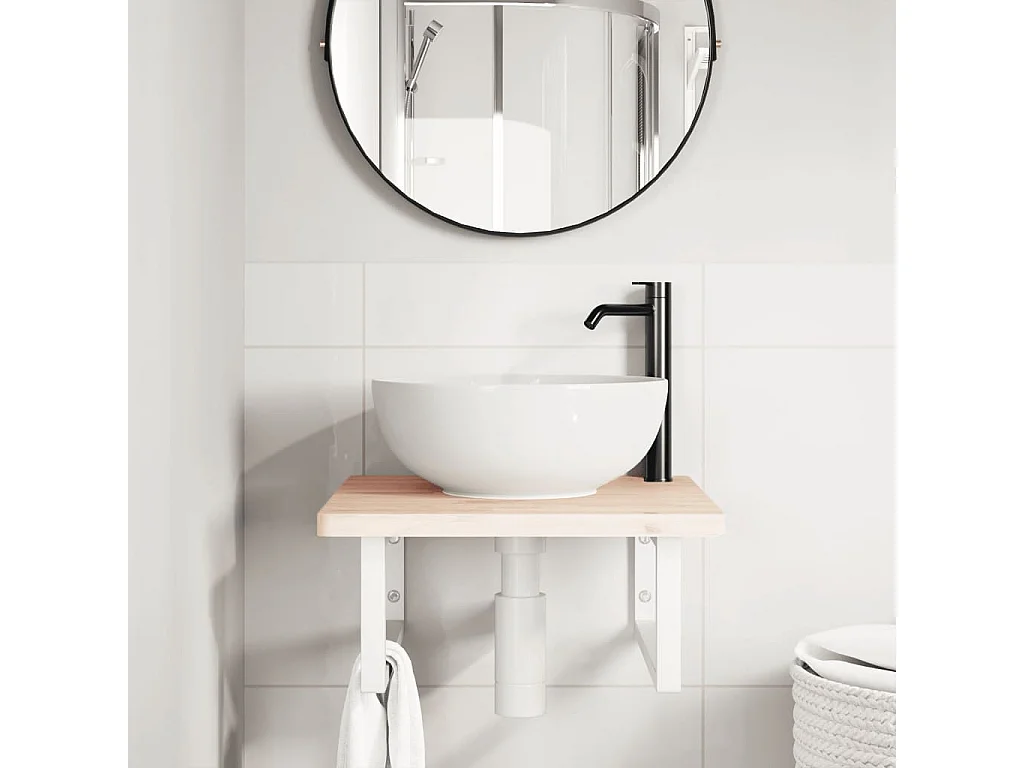 Estante de lavabo de pared de acero y madera maciza de haya