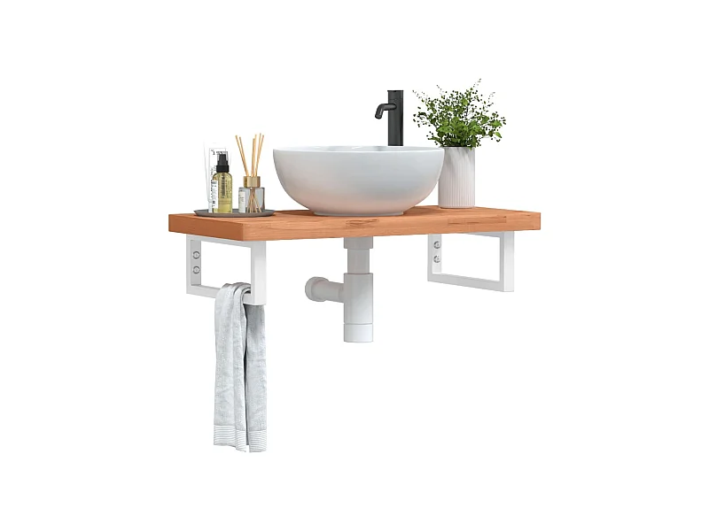 Waschbeckenregal Wandmontage Stahl und Massivholz Buche