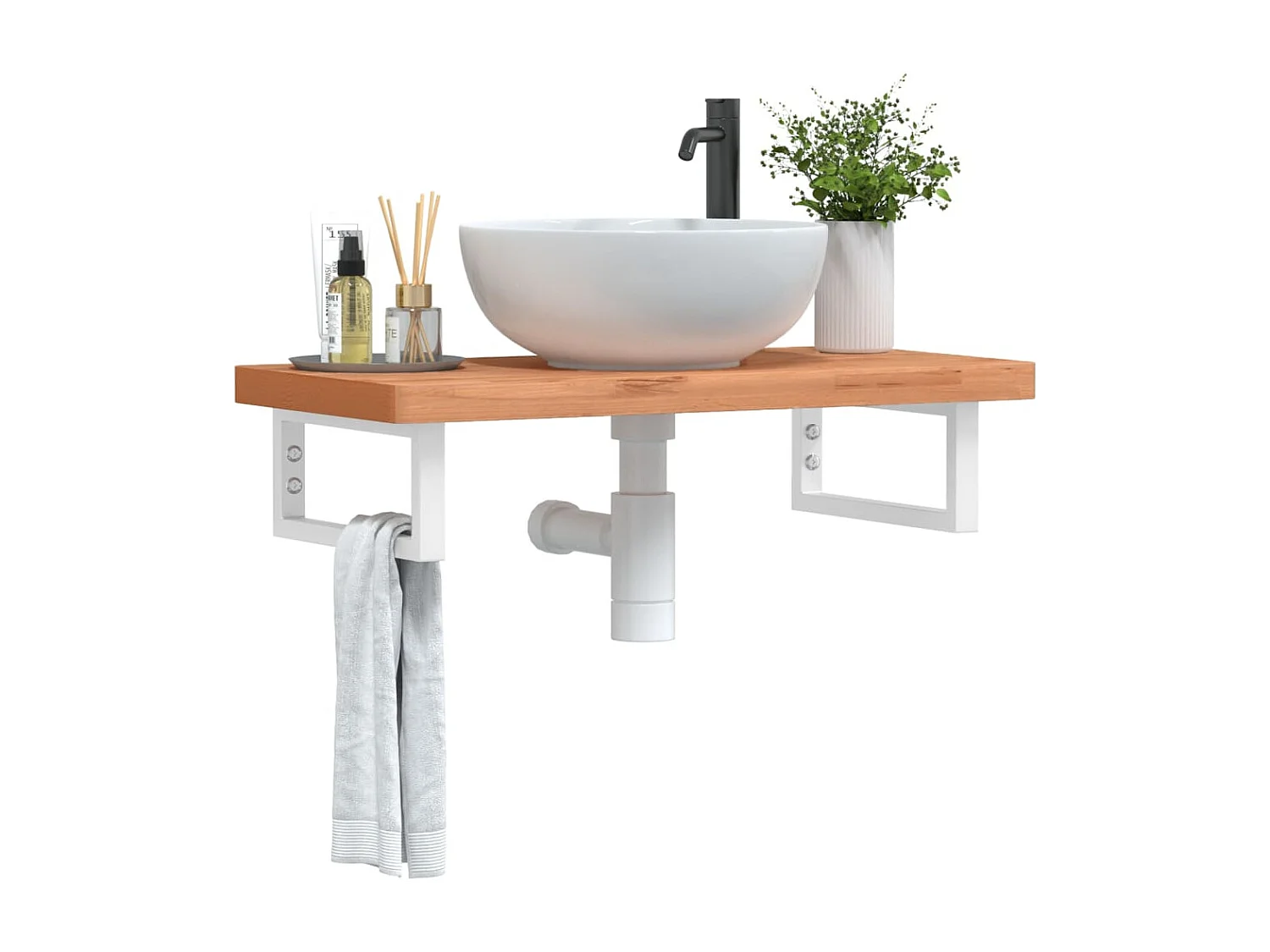 Waschbeckenregal Wandmontage Stahl und Massivholz Buche