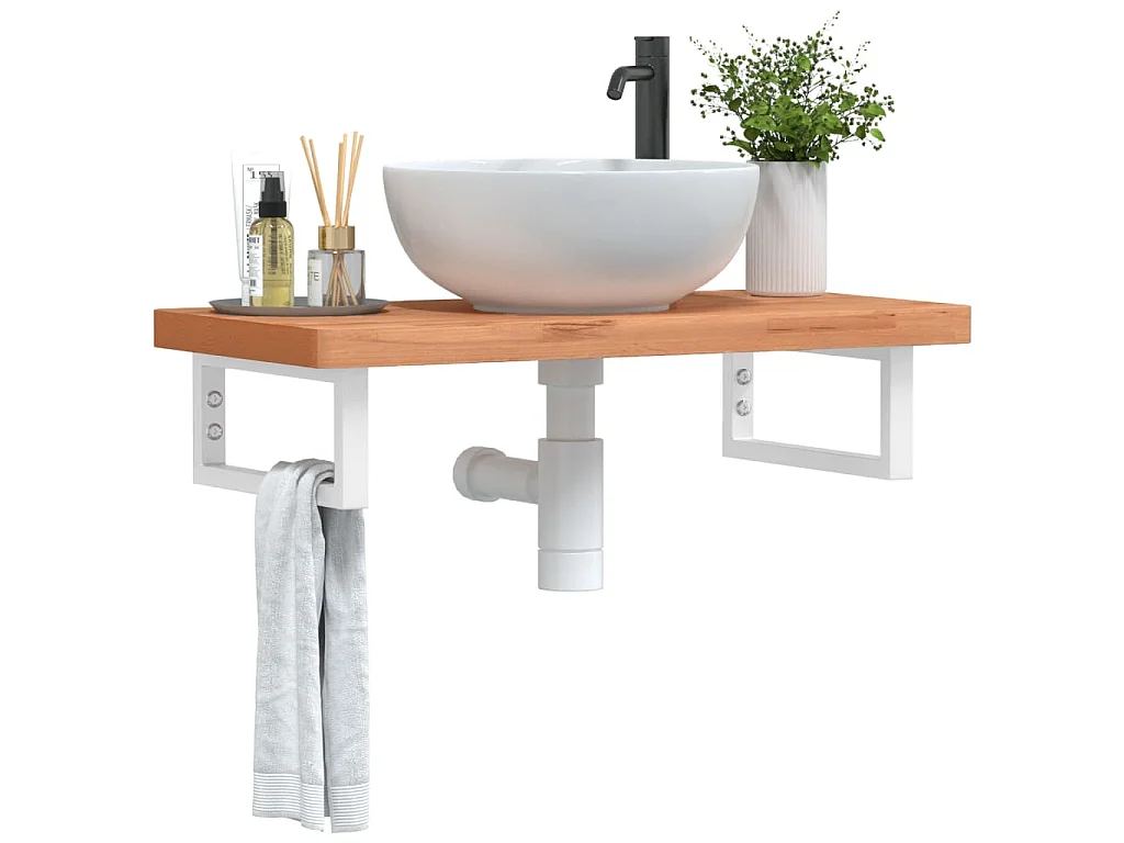 Waschbeckenregal Wandmontage Stahl und Massivholz Buche