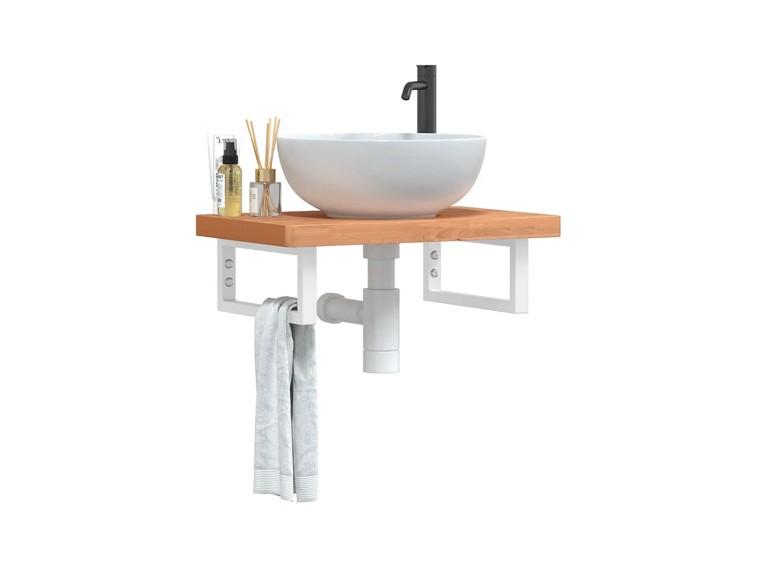 Waschbeckenregal Wandmontage Stahl und Massivholz Buche