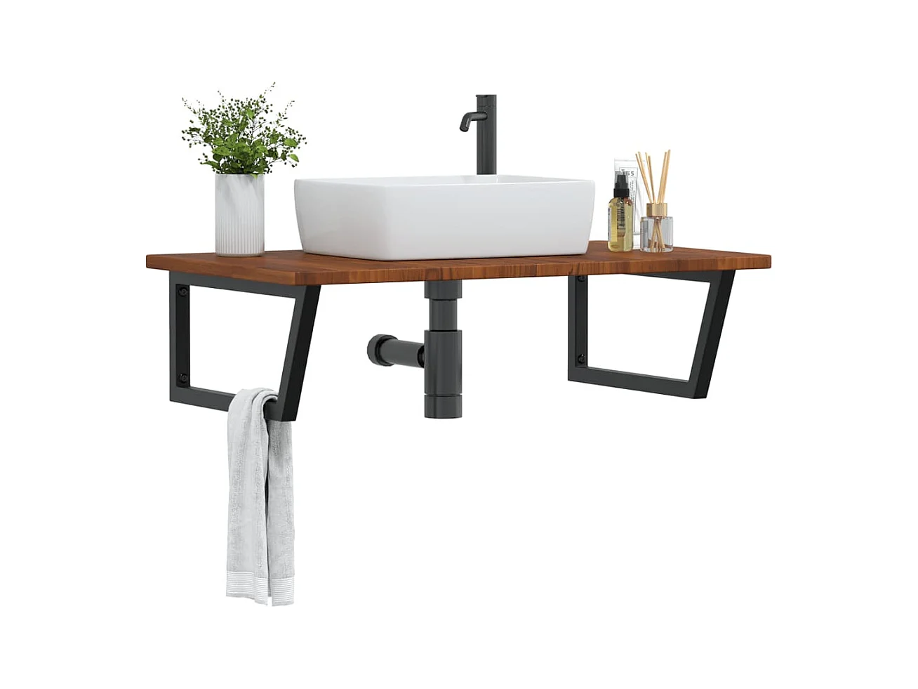 Estante de lavabo de pared de acero y madera maciza de roble