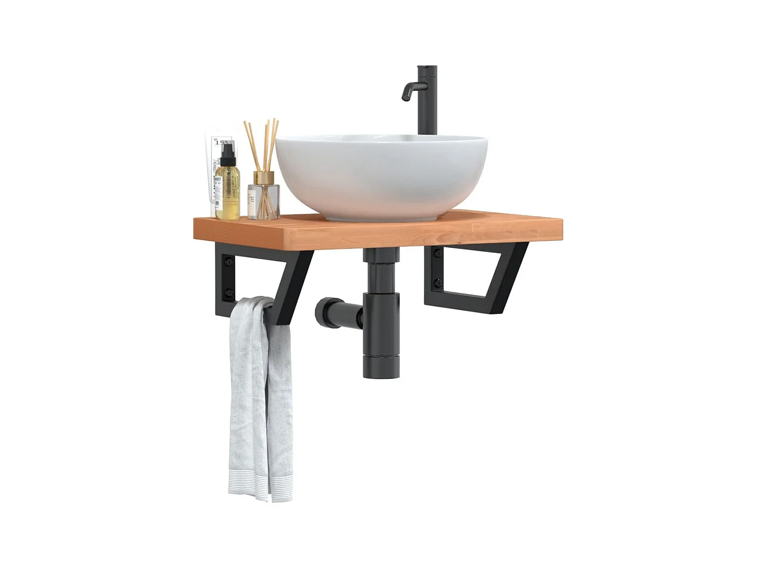 Ripiano a Parete per Lavabo in Acciaio e Massello di Faggio