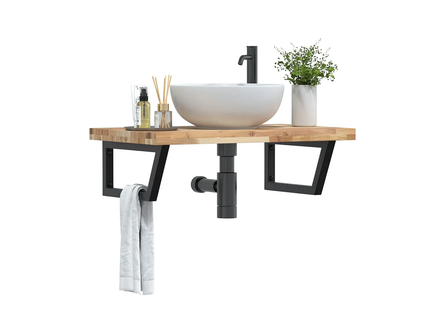 Estante de lavabo de pared acero y madera maciza de acacia
