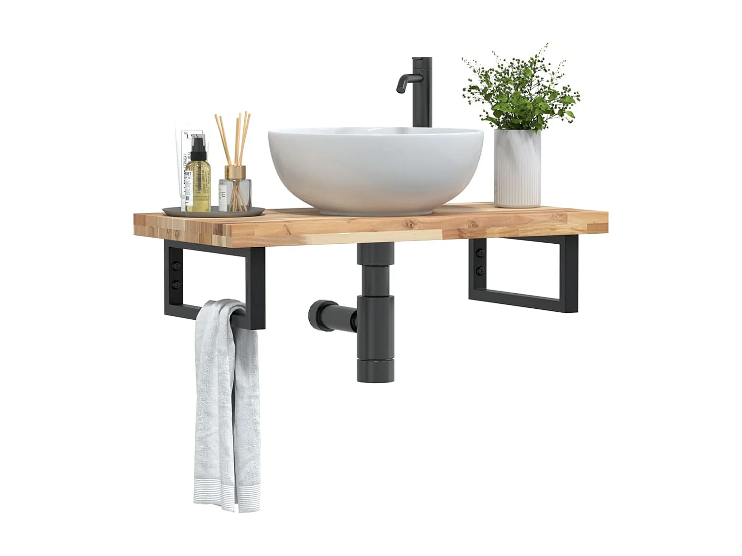 Waschbeckenregal Wandmontage Stahl und Akazienholz