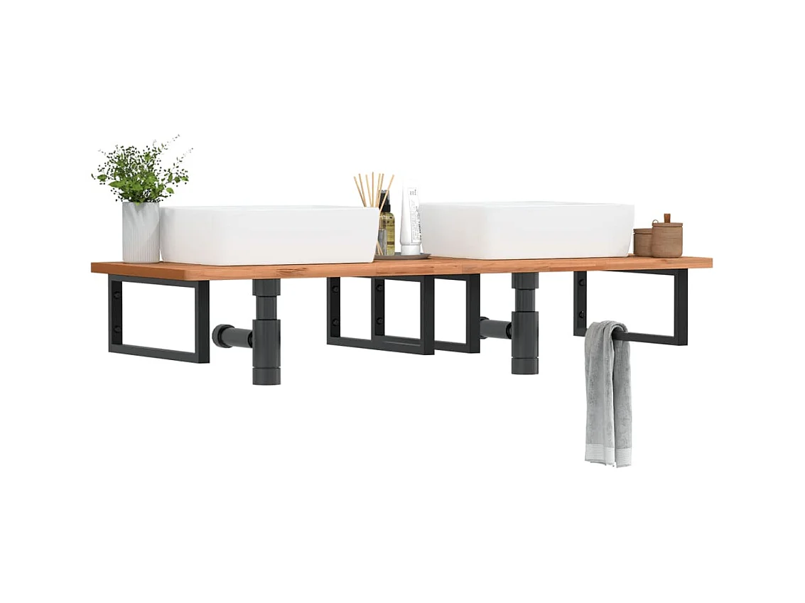 Waschbeckenregal Wandmontage Stahl und Massivholz Buche