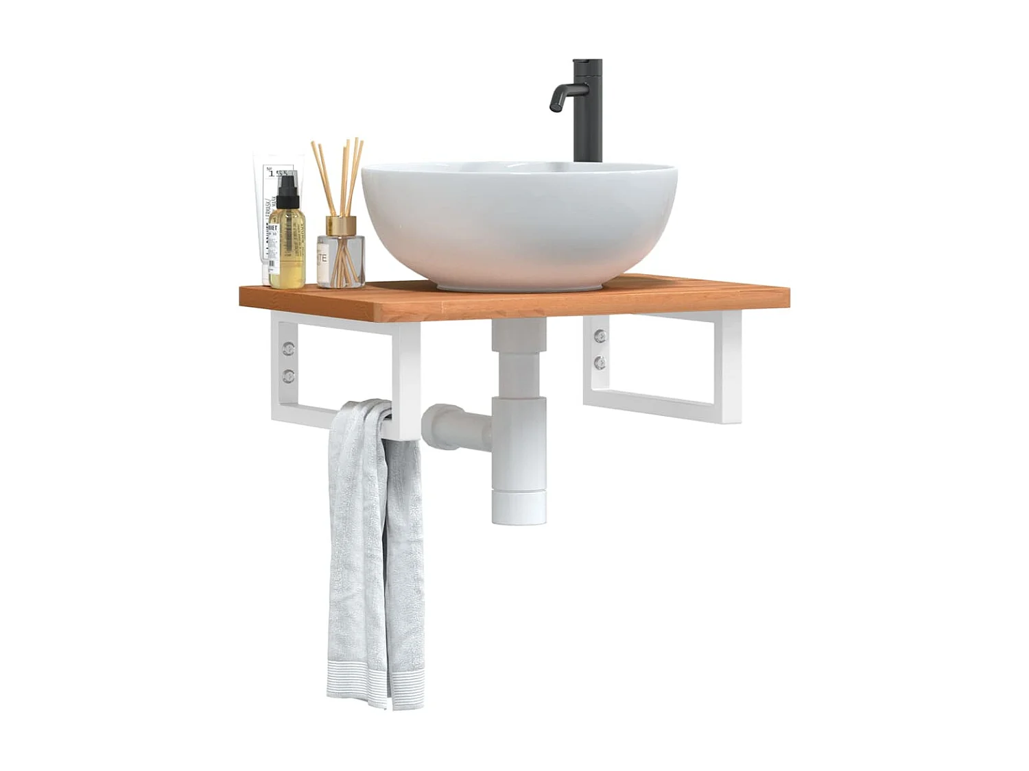 Ripiano a Parete per Lavabo in Acciaio e Massello di Faggio