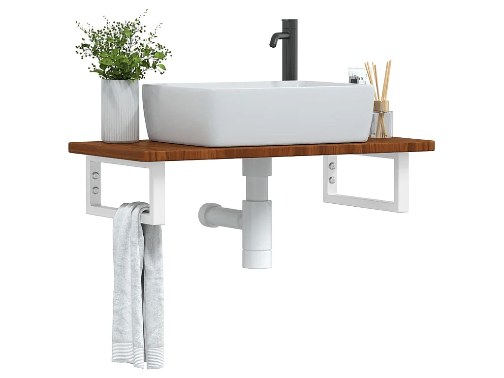 Estante de lavabo de pared de acero y madera maciza de roble