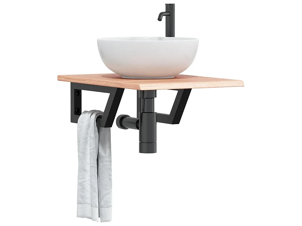 Estante de lavabo de pared de acero y madera maciza de roble