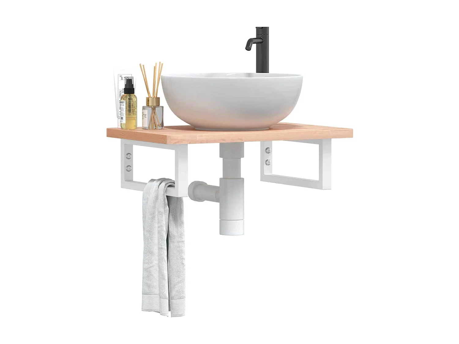 Waschbeckenregal Wandmontage Stahl und Massivholz Buche