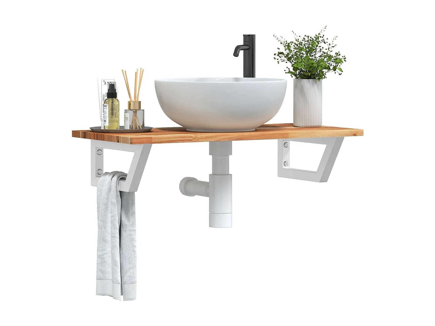 Estante de lavabo de pared acero y madera maciza de acacia