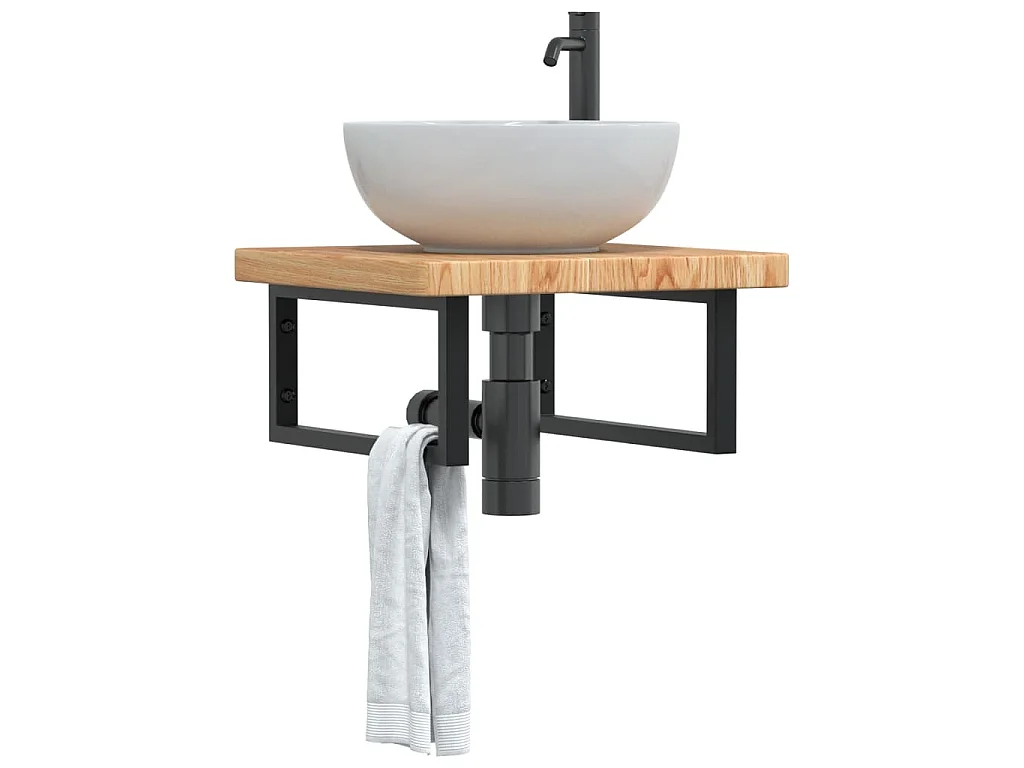 Estante de lavabo de pared de acero y madera maciza de roble