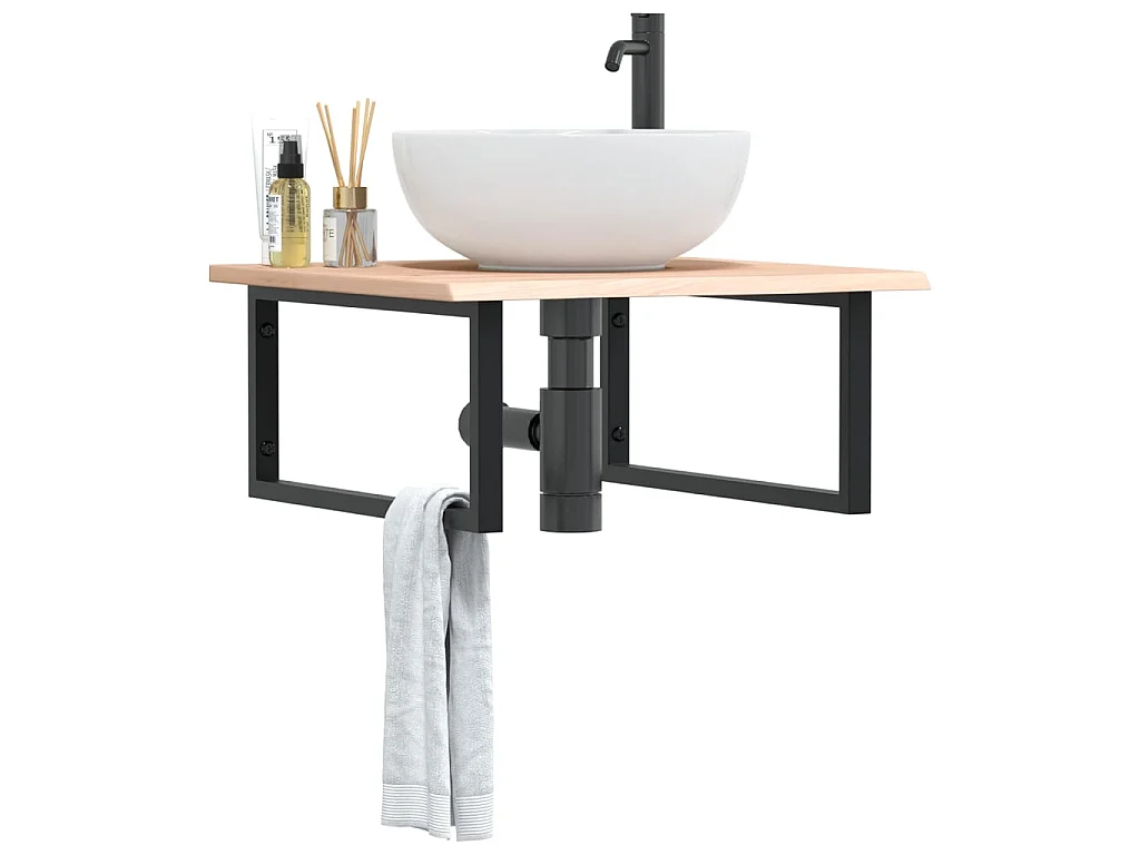 Estante de lavabo de pared de acero y madera maciza de roble
