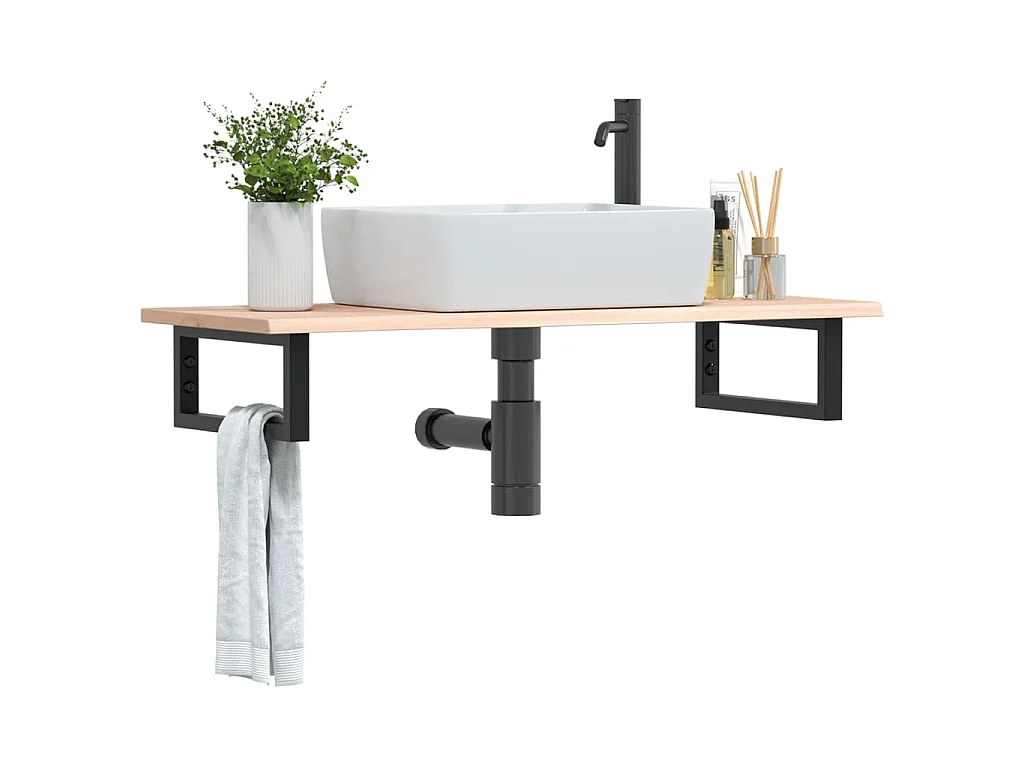 Estante de lavabo de pared de acero y madera maciza de roble
