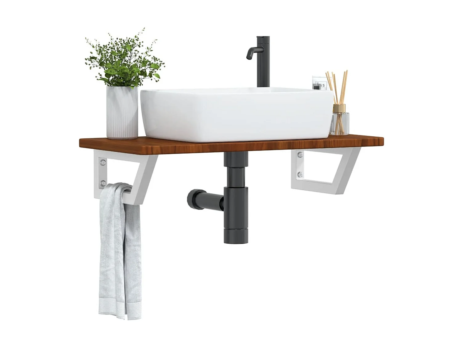 Ripiano a Parete per Lavabo in Acciaio e Massello di Rovere