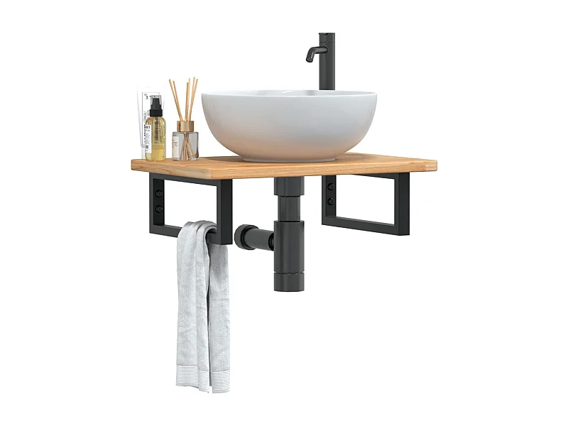 Ripiano a Parete per Lavabo in Acciaio e Massello di Rovere