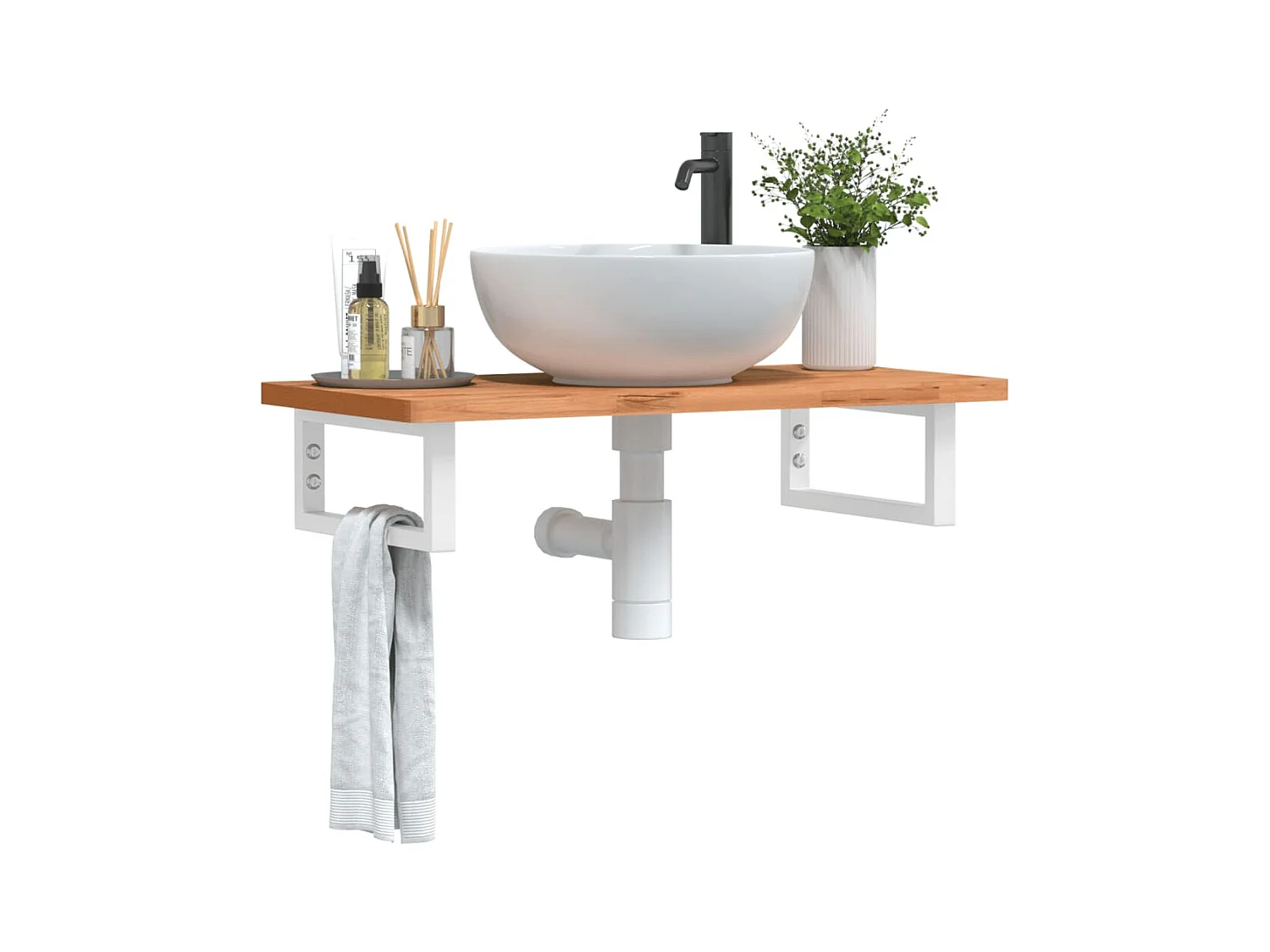 Ripiano a Parete per Lavabo in Acciaio e Massello di Faggio