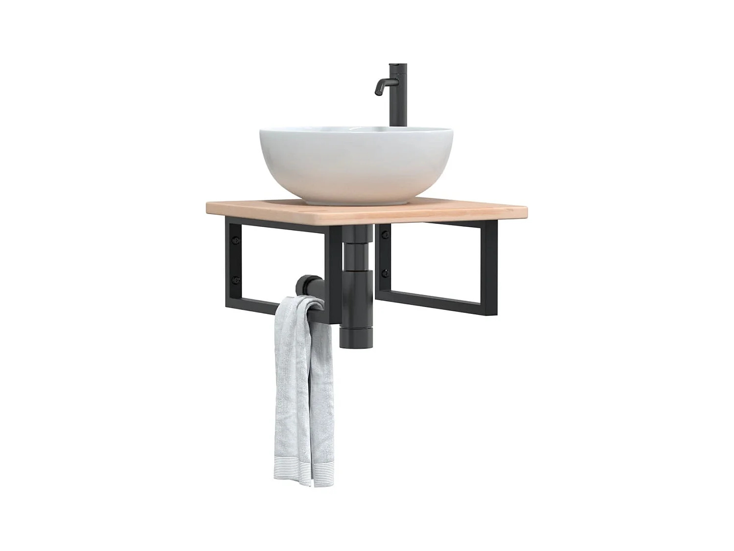 Estante de lavabo de pared de acero y madera maciza de roble