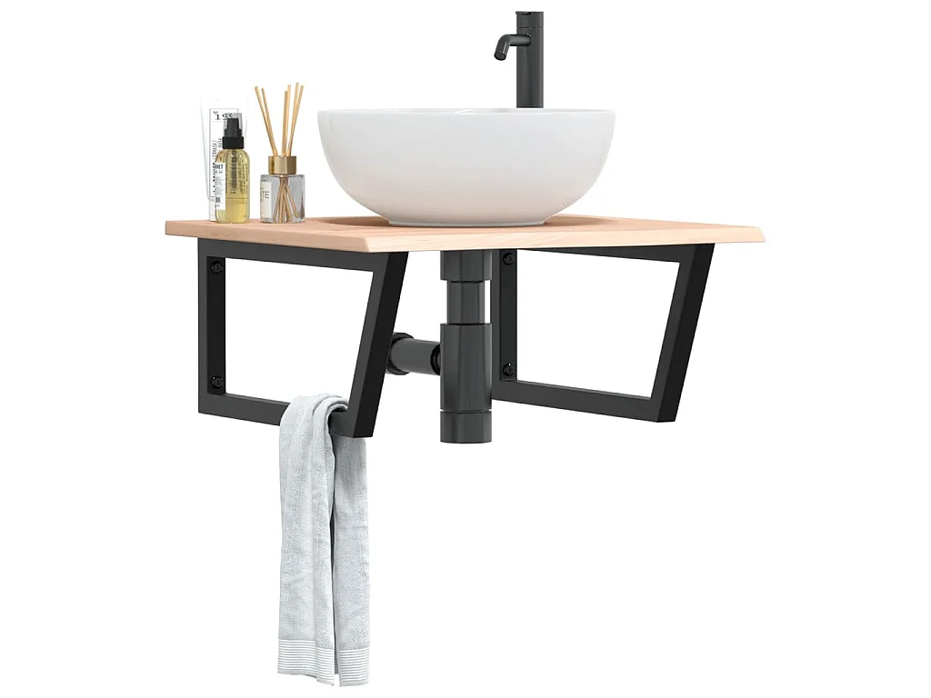 Estante de lavabo de pared de acero y madera maciza de roble