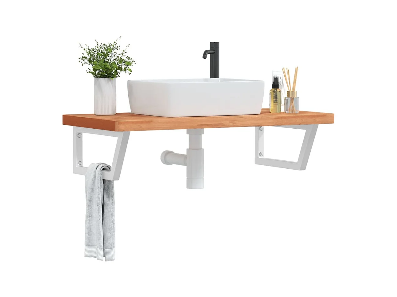 Waschbeckenregal Wandmontage Stahl und Massivholz Buche