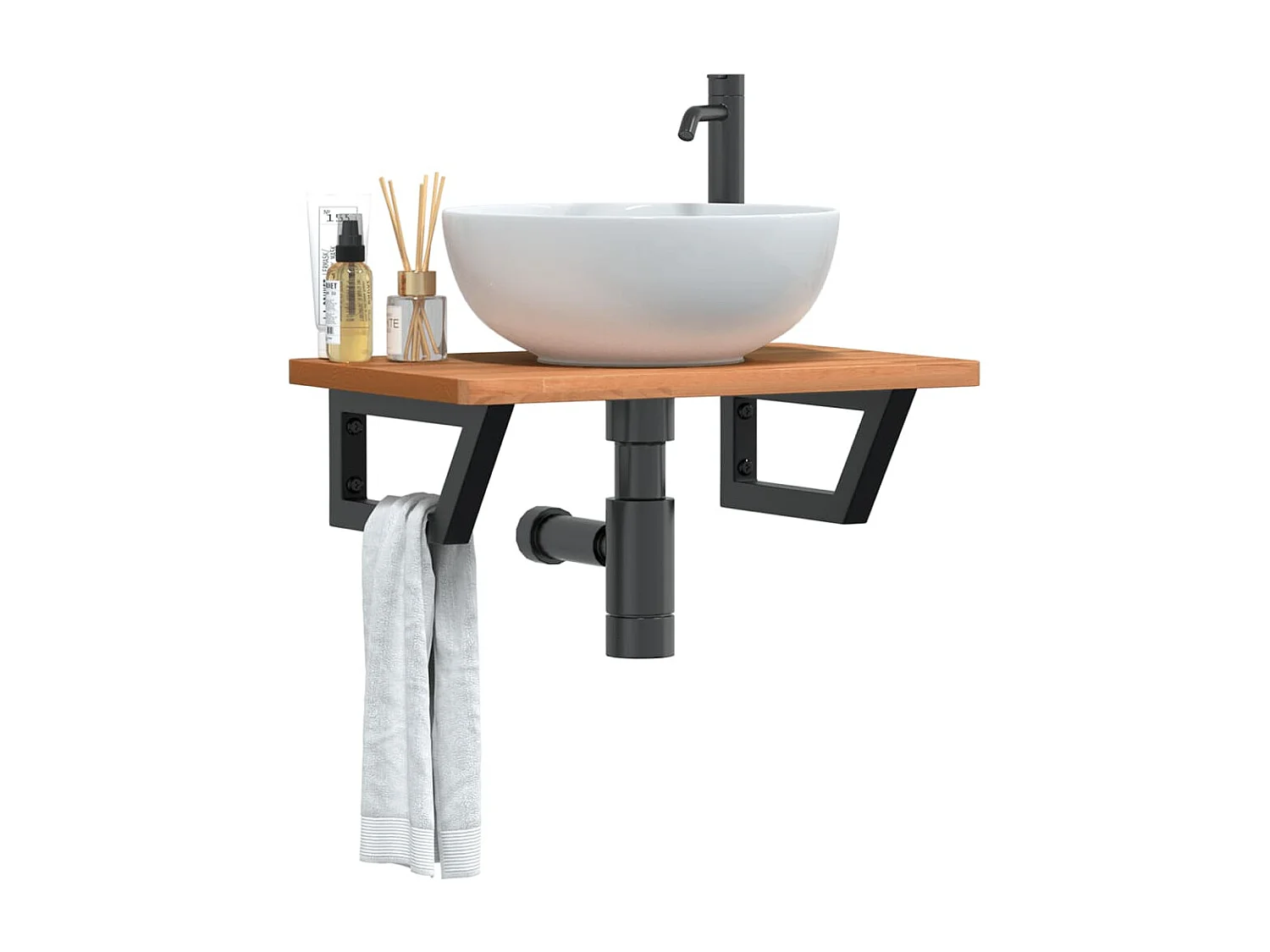 Waschbeckenregal Wandmontage Stahl und Massivholz Buche