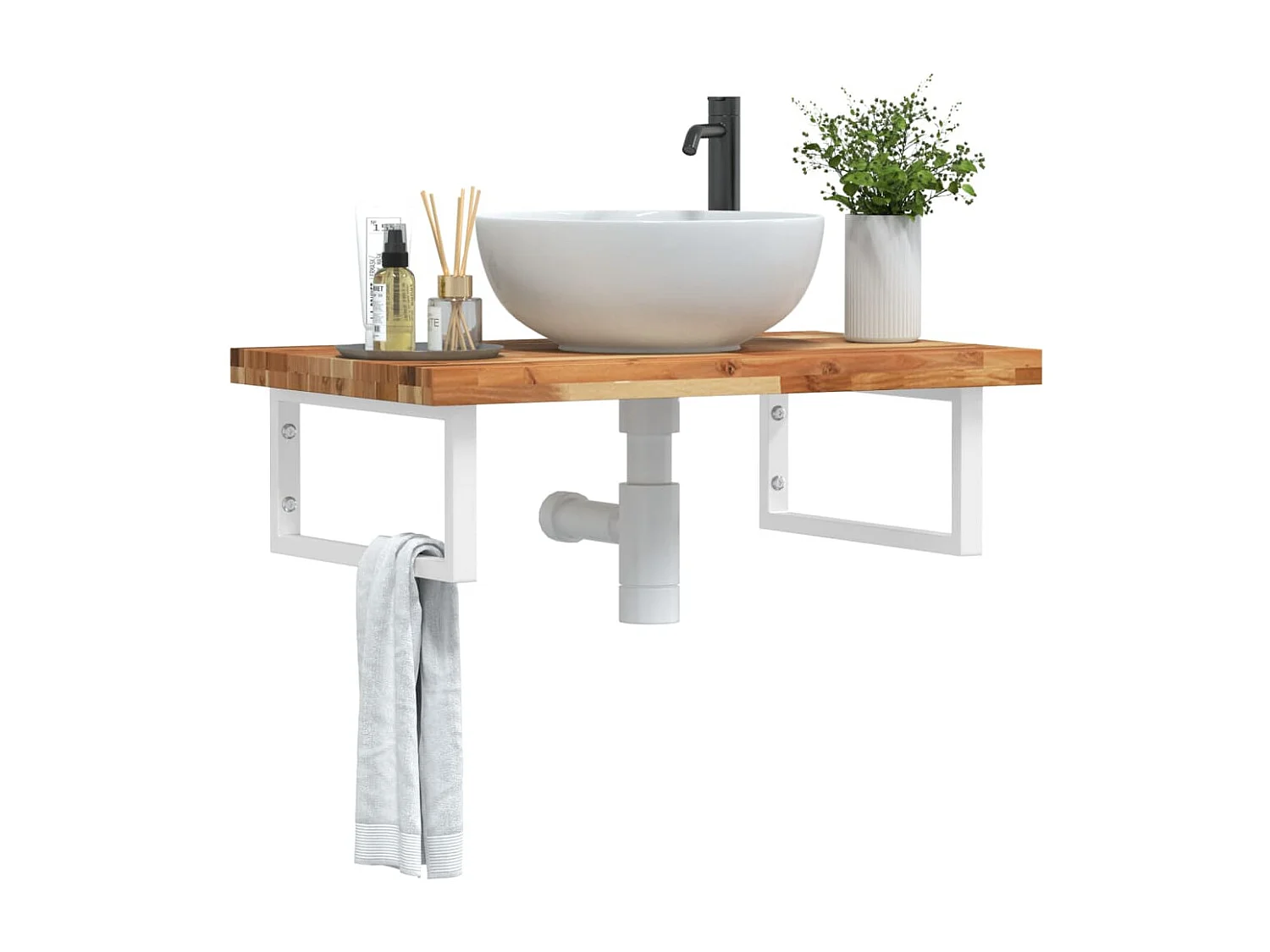 Estante de lavabo de pared acero y madera maciza de acacia
