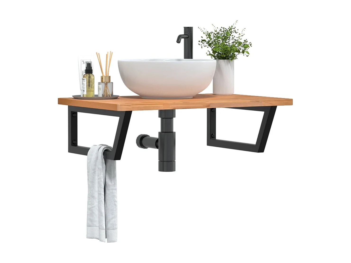 Waschbeckenregal Wandmontage Stahl und Massivholz Buche