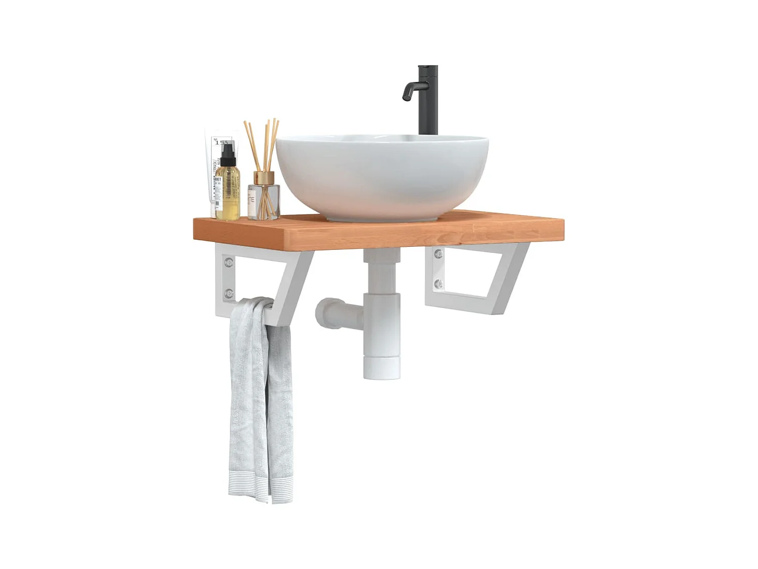Waschbeckenregal Wandmontage Stahl und Massivholz Buche