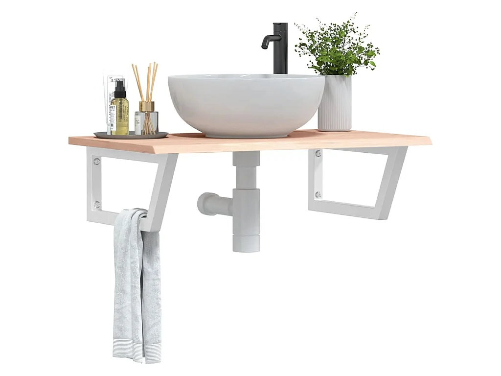 Estante de lavabo de pared de acero y madera maciza de roble