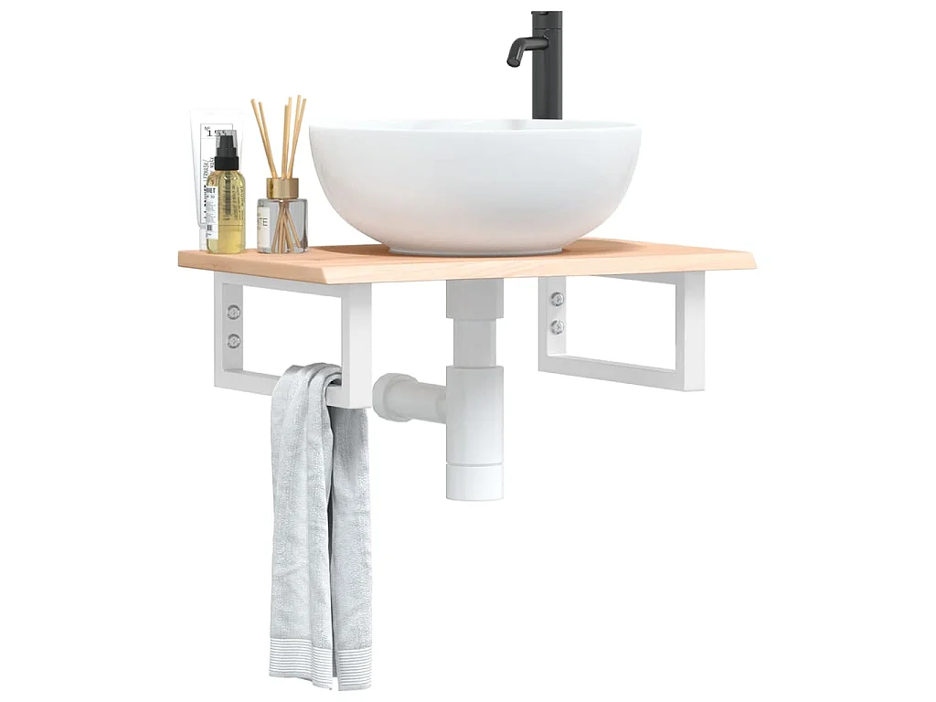 Estante de lavabo de pared de acero y madera maciza de roble