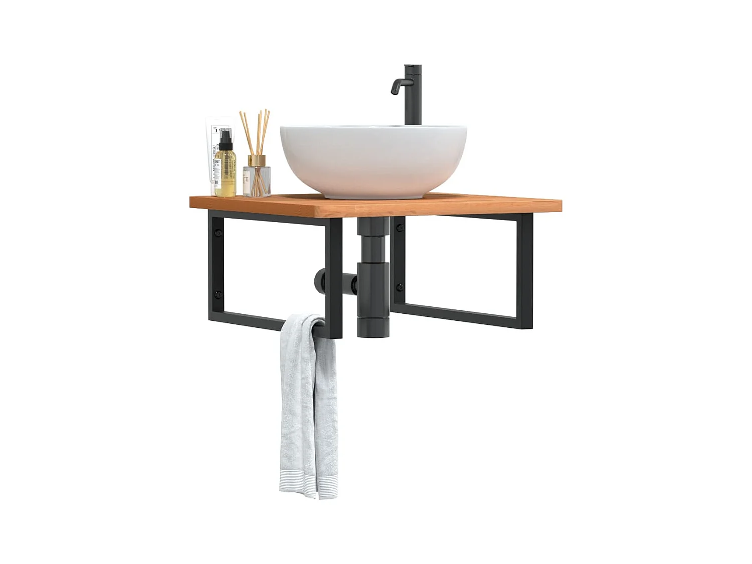 Estante de lavabo de pared de acero y madera maciza de haya