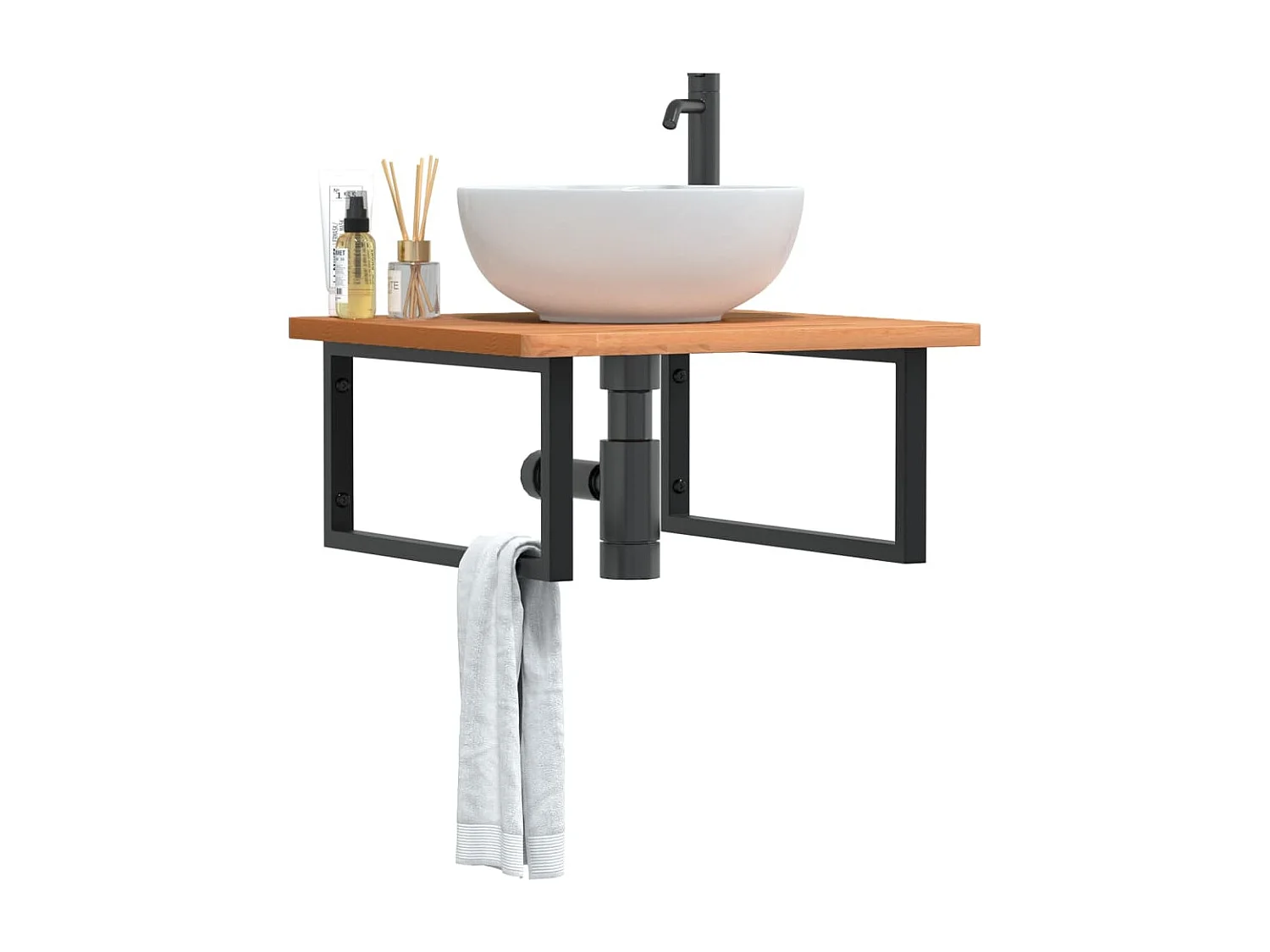 Estante de lavabo de pared de acero y madera maciza de haya