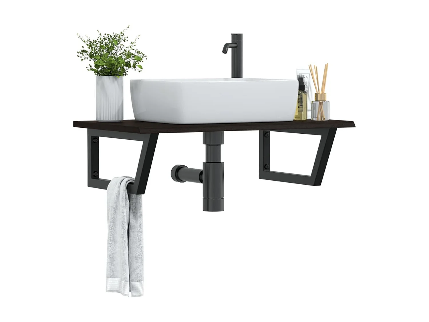 Estante de lavabo de pared de acero y madera maciza de roble