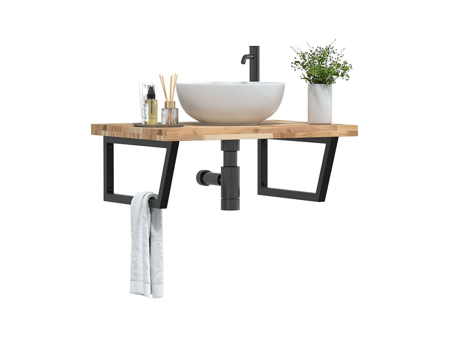 Estante de lavabo de pared acero y madera maciza de acacia