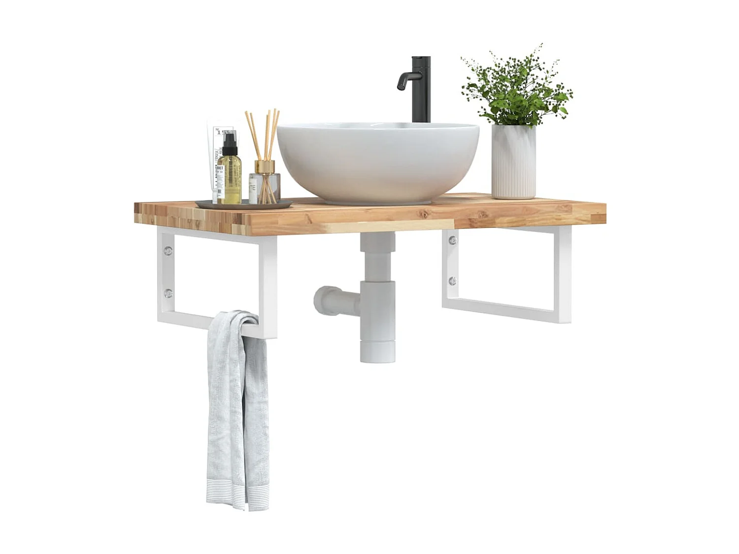 Estante de lavabo de pared acero y madera maciza de acacia