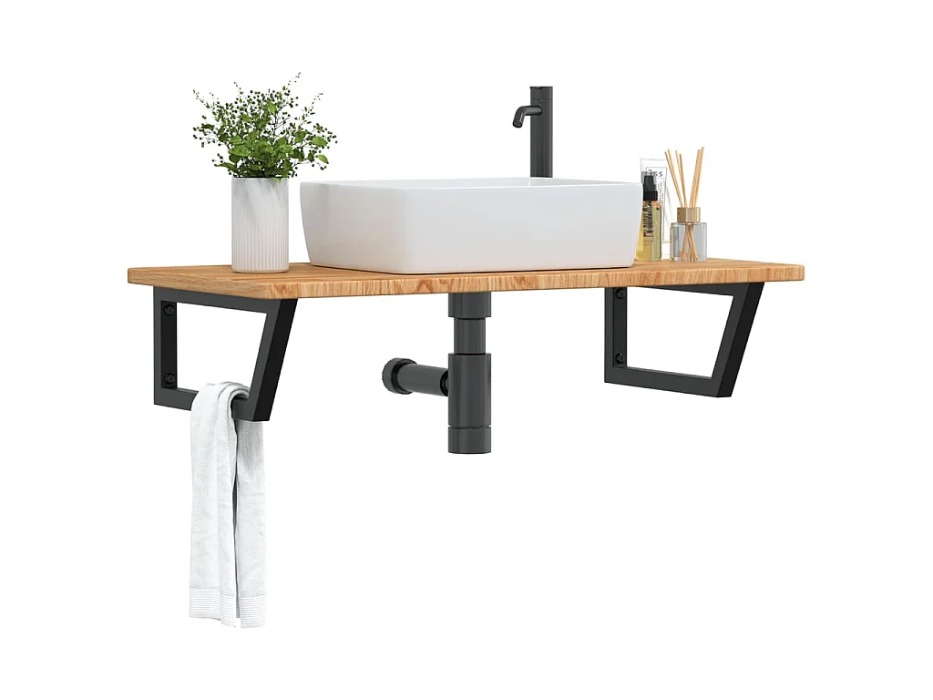 Estante de lavabo de pared de acero y madera maciza de roble