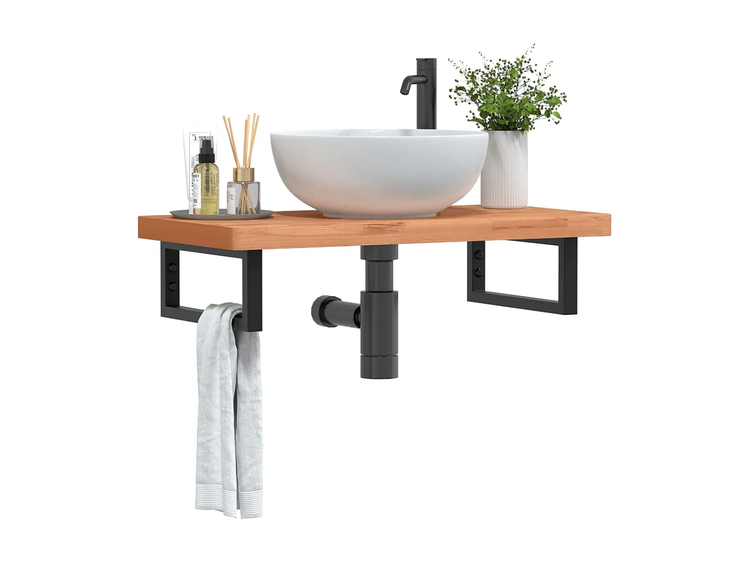 Étagère de vasque murale acier et bois massif de hêtre