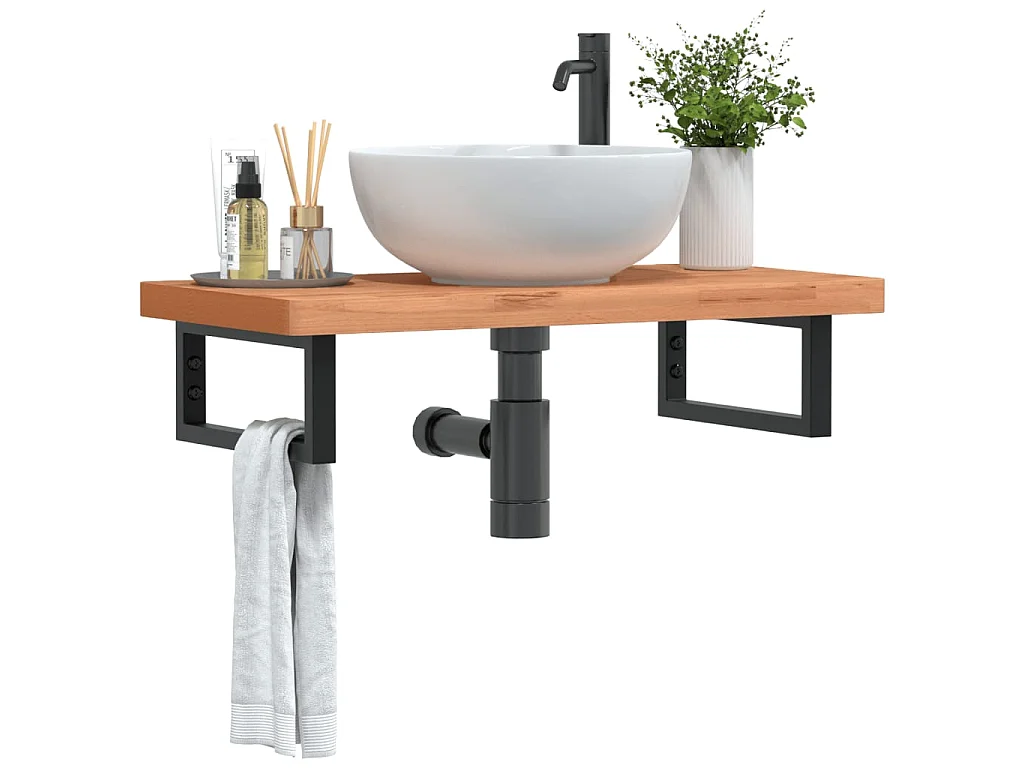 Waschbeckenregal Wandmontage Stahl und Massivholz Buche
