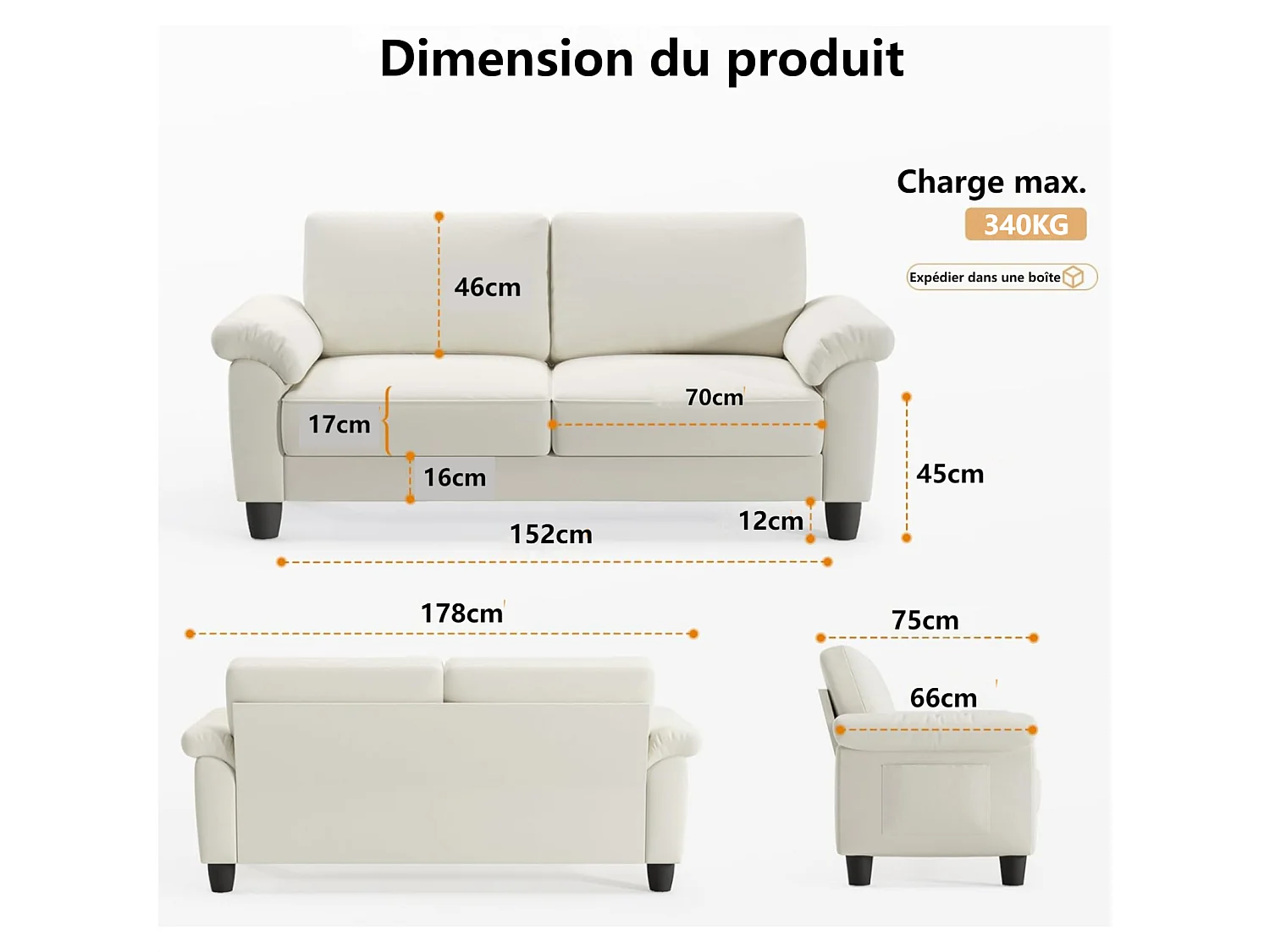 Canapé de salon 2 place en tissu chenille, Canapé moderne du milieu du siècle, avec sac de rangement, 178x75x87cm, Beige