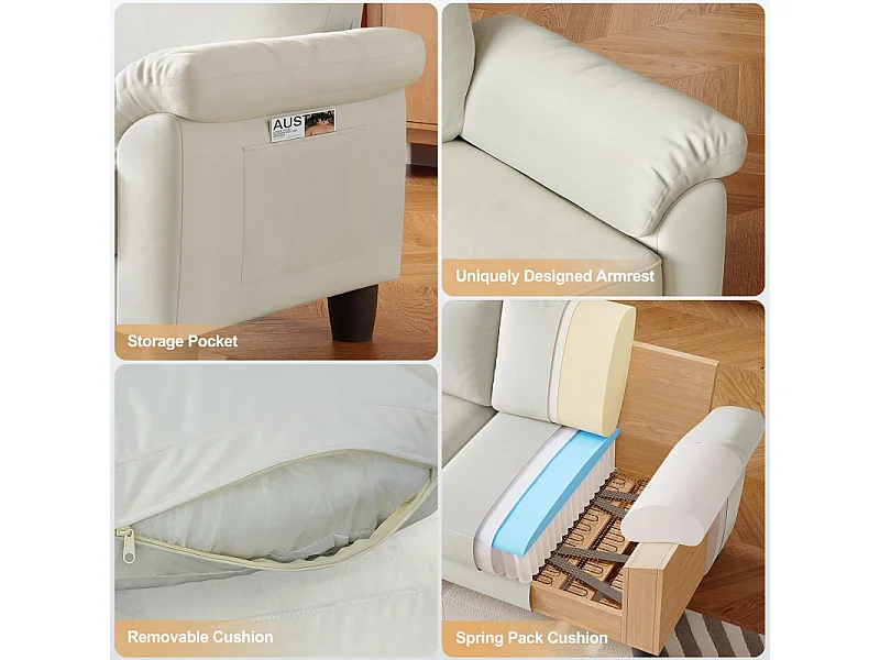 Canapé de salon 2 place en tissu chenille, Canapé moderne du milieu du siècle, avec sac de rangement, 178x75x87cm, Beige