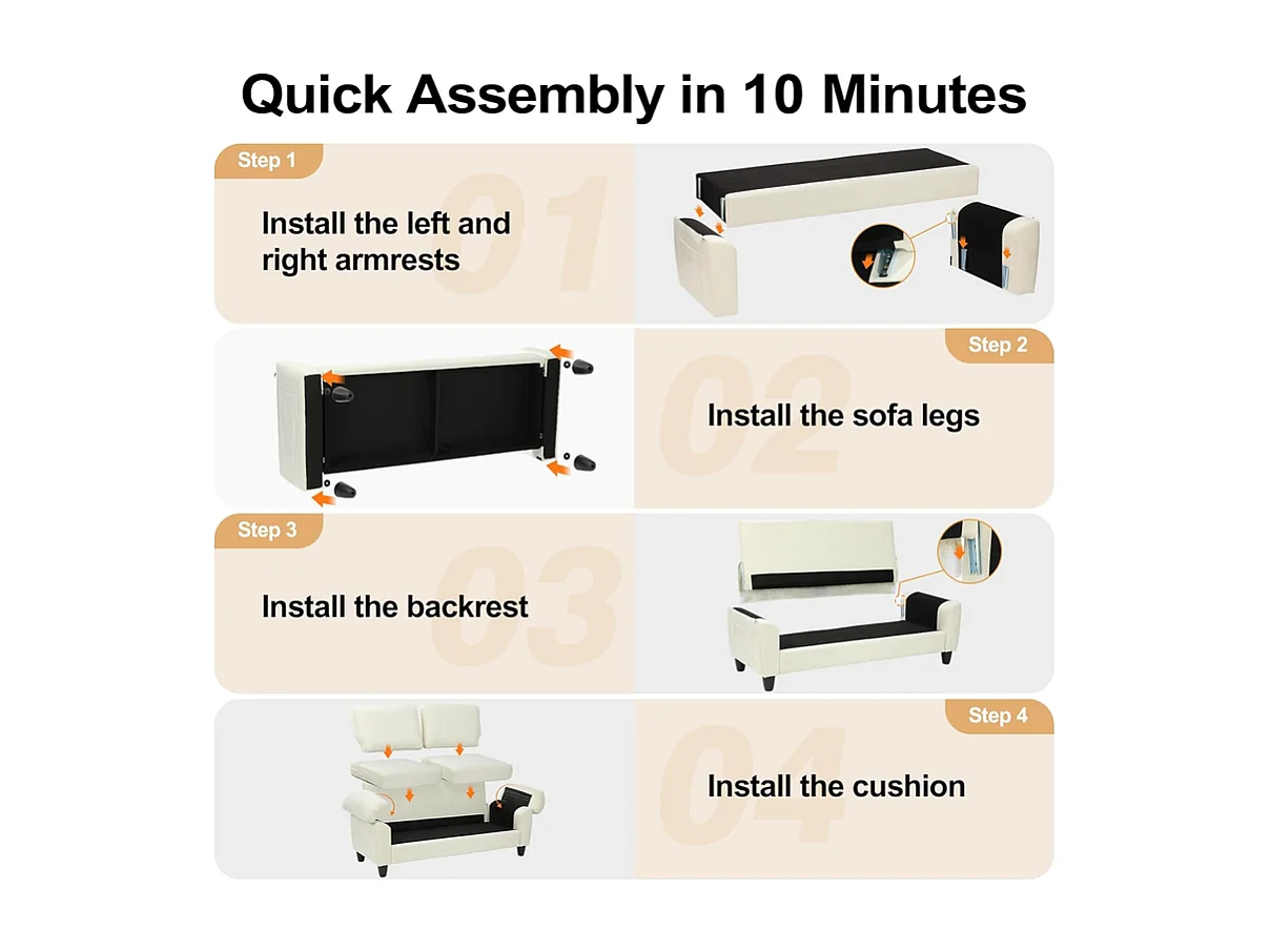 Canapé de salon 2 place en tissu chenille, Canapé moderne du milieu du siècle, avec sac de rangement, 178x75x87cm, Beige