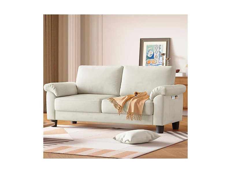 Sofá sofá 2 lugar en tela de pista, sofá moderno a mediados de siglo, con bolsa de almacenamiento, 178x75x87cm, beige