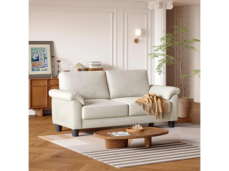 Canapé de salon 2 place en tissu chenille, Canapé moderne du milieu du siècle, avec sac de rangement, 178x75x87cm, Beige